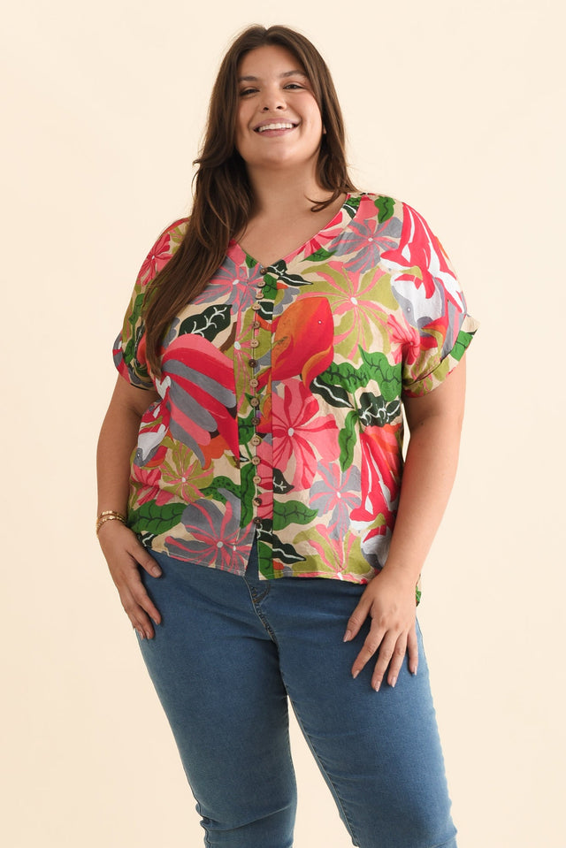 Miray Pink Hibiscus Button Top,Brunette model,plus-size,curve-tops,plus-size-cotton-tops,alt text|model:Gabby image 8