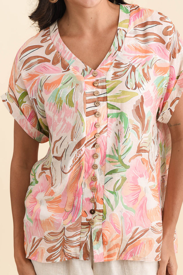Miray Pink Tropical Button Top,Brunette model,alt text|model:Brontie image 6