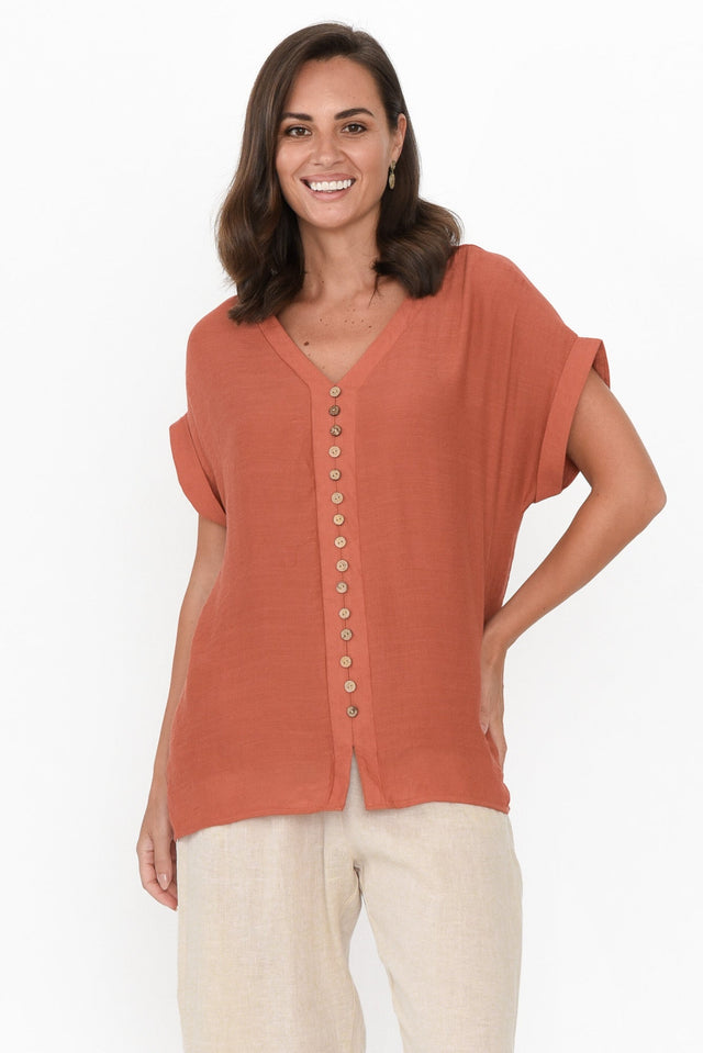 Miray Rust Cotton Blend Button Top image 3