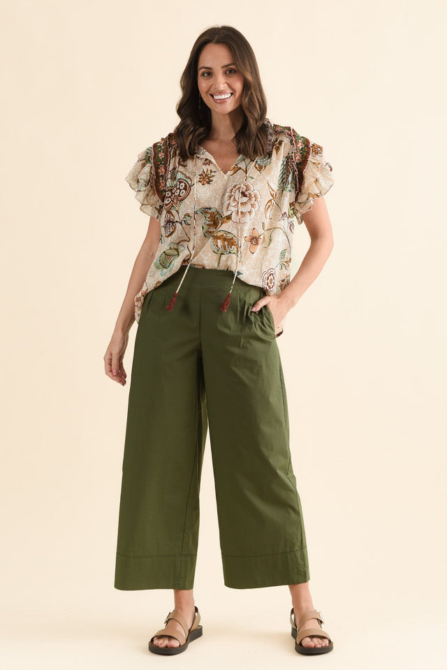 Mirra Khaki Cotton Pocket Pants,Full Body,Brunette model,alt text|model:MJ