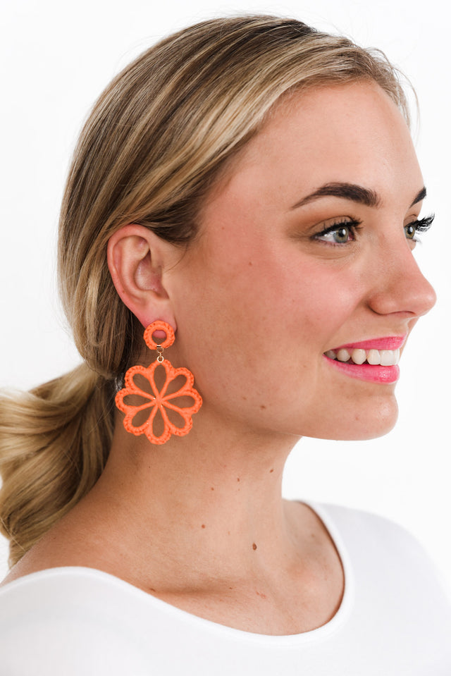 Mirta Orange Raffia Flower Earrings