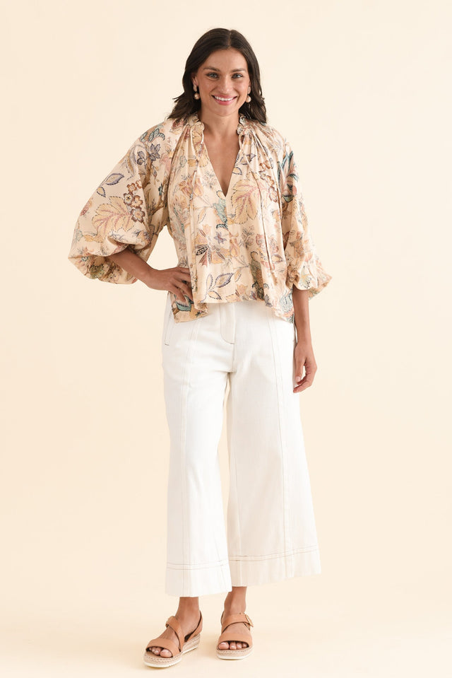 Misha Natural Garden Neck Tie Blouse,Full Body,Brunette model,alt text|model:Brontie