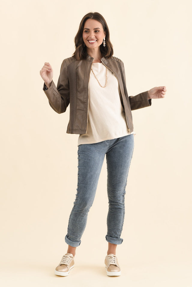Mitchell Brown Faux Leather Biker Jacket,Brunette model,alt text|model:MJ image 7