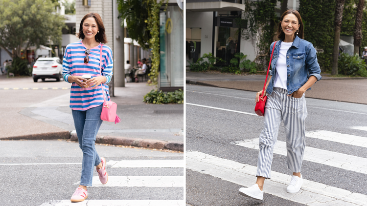 Three brunette women wearing blue jeans for women over 40.
