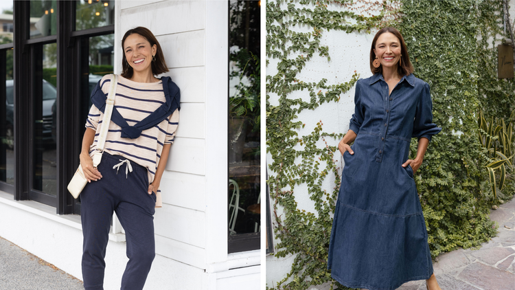 Three brunette woman wearing winter outfits alternative to jeans.