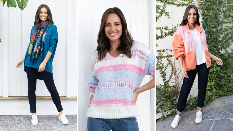 Brunette women wearing colourful outfits to discover their colour palette.