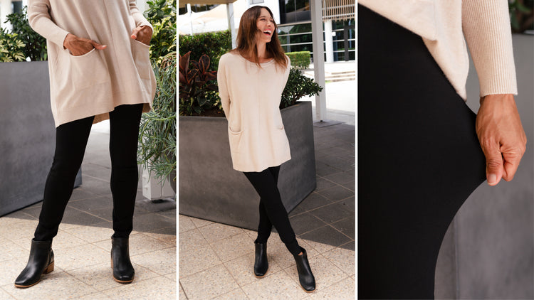 Brunette woman wearing black Ponte pants with a beige knit and black ankle boots.