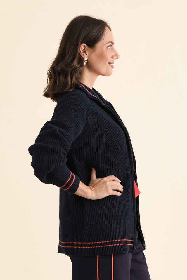 Modern Navy Zip Knit Jumper,brunette model,Side of Outfit,alt text|model:MJ image 3