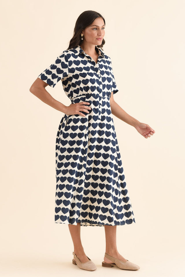 Molly Navy Heart Linen Shirt Dress,Side,Brunette model,alt text|model:Brontie image 3