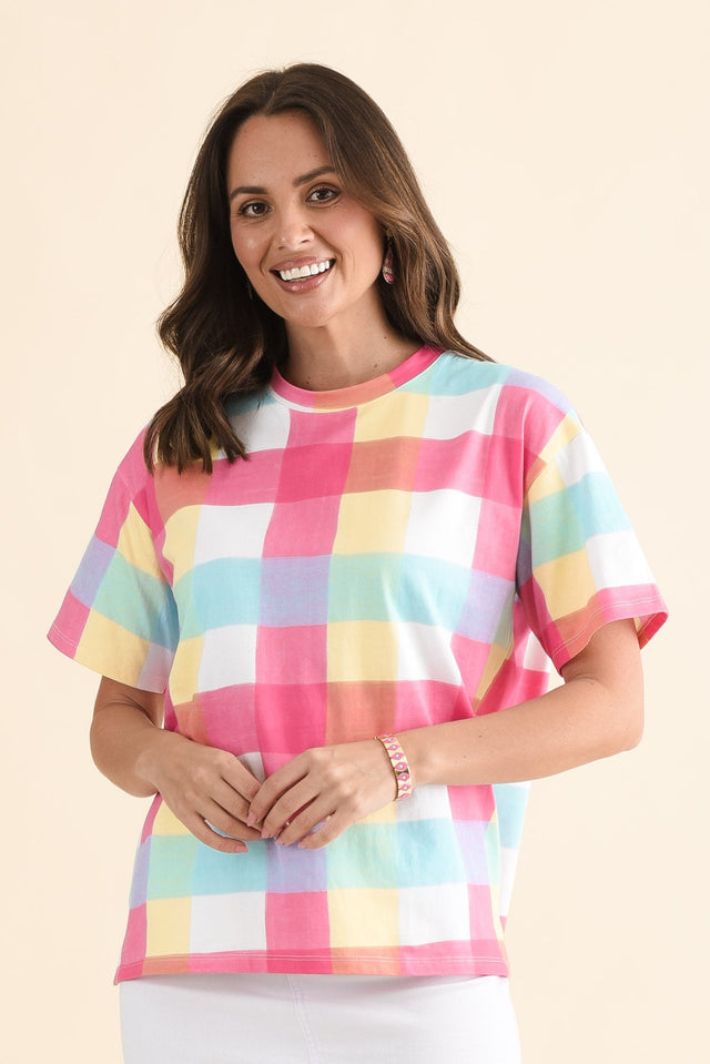 Monaco Blue Check Cotton Top,Front,Brunette model,alt text|model:MJ image 1
