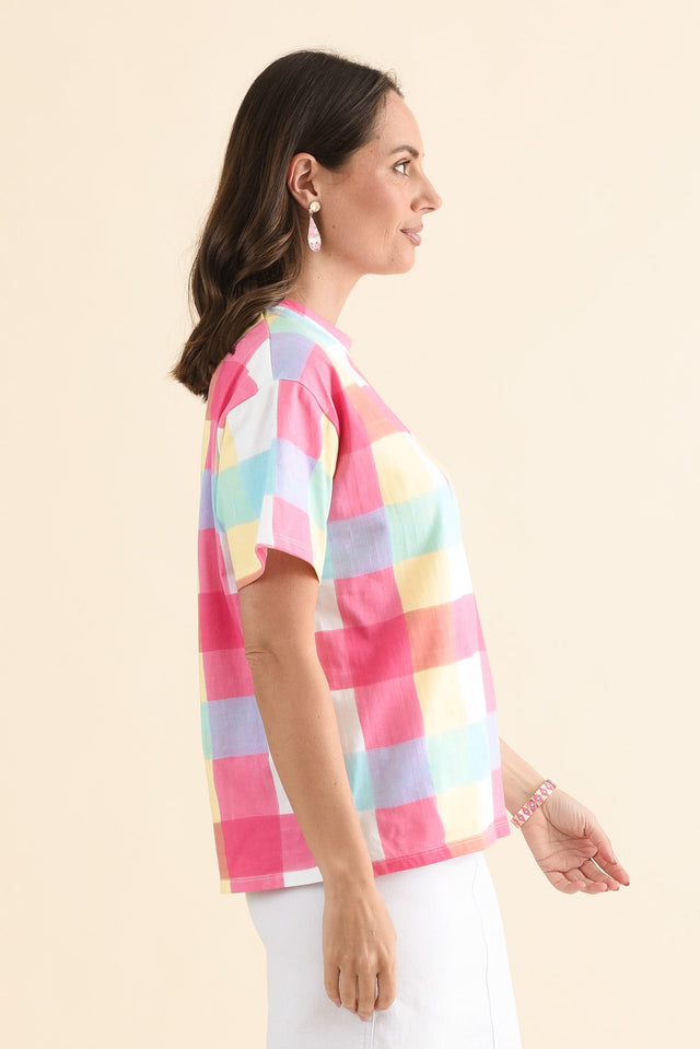 Monaco Blue Check Cotton Top,Side,Brunette model,alt text|model:MJ image 3
