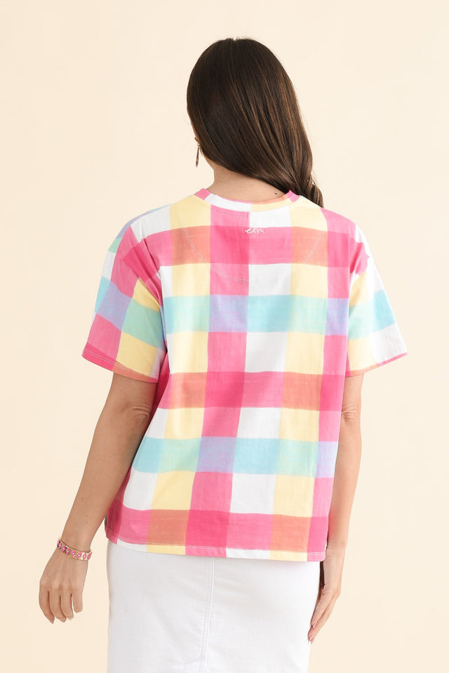 Monaco Blue Check Cotton Top,Back,Brunette model,alt text|model:MJ image 4