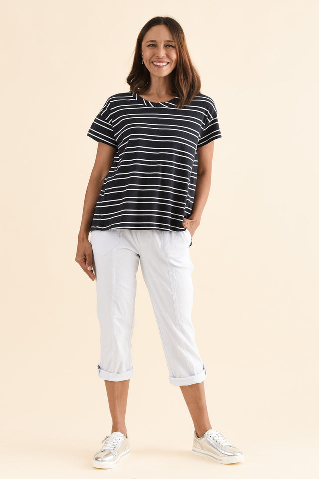 Monroe Navy Stripe Cotton Pleated Tee,Full Body,Brunette model,alt text|model:Cara image 6