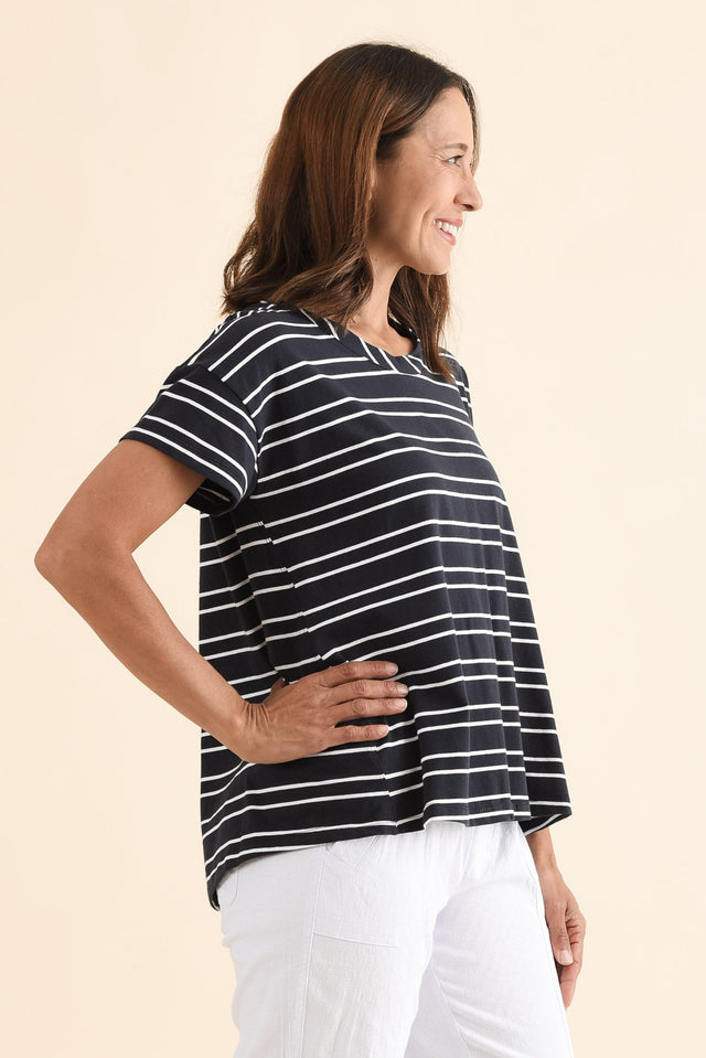 Monroe Navy Stripe Cotton Pleated Tee,Side,Brunette model,alt text|model:Cara image 3