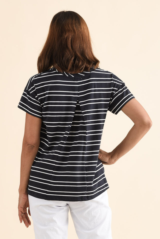 Monroe Navy Stripe Cotton Pleated Tee,Back,Brunette model,alt text|model:Cara image 4