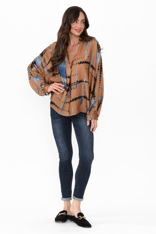 Monroe Tan Abstract Silk Blend Top