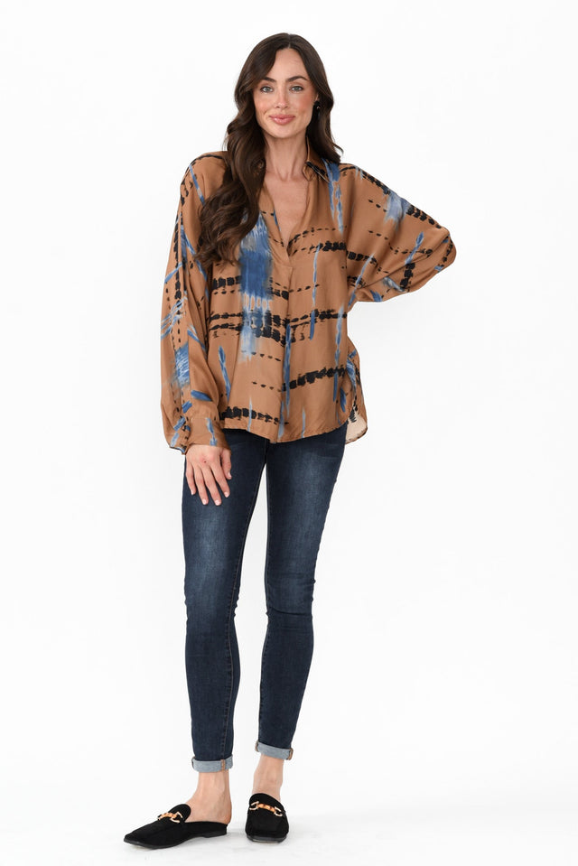 Monroe Tan Abstract Silk Blend Top