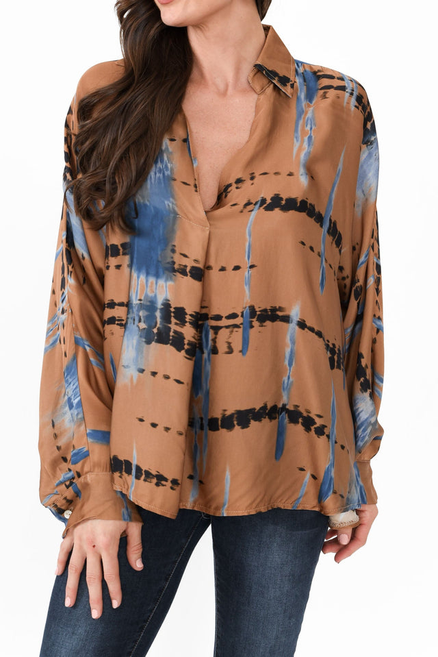 Monroe Tan Abstract Silk Blend Top