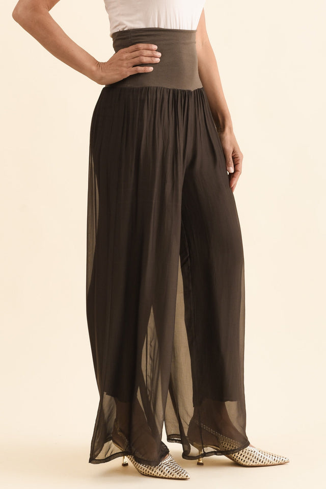 Mora Chocolate Silk Layer Pants,Back,Brunette model,alt text|model:Cara image 5