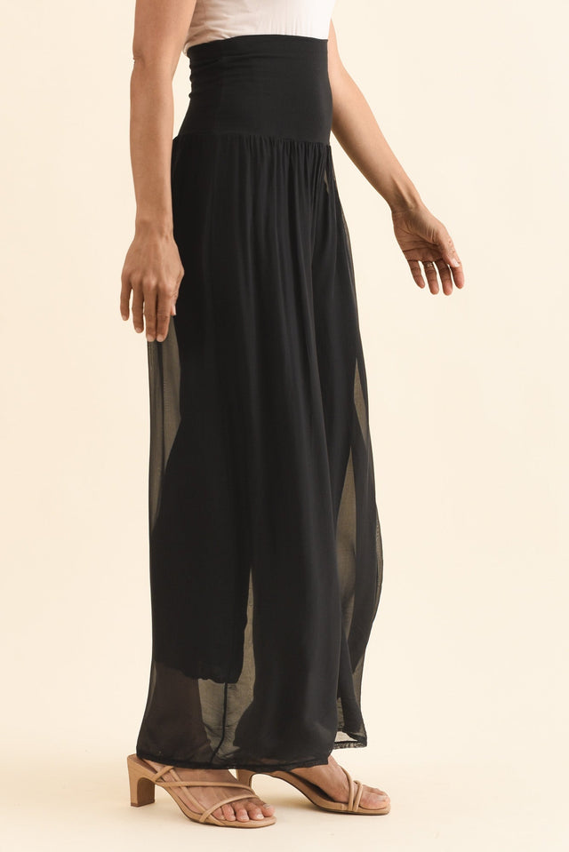 Mora Black Silk Layer Pants,Side,Brunette model,alt text|model:Cara image 3