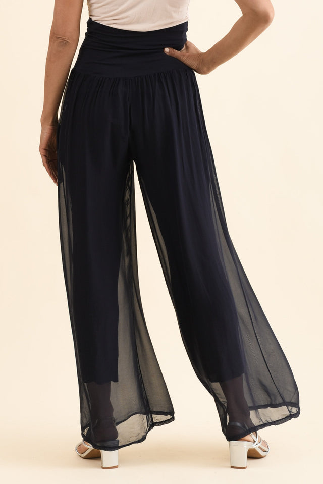 Mora Navy Silk Layer Pants,Back,Brunette model,alt text|model:Cara image 5