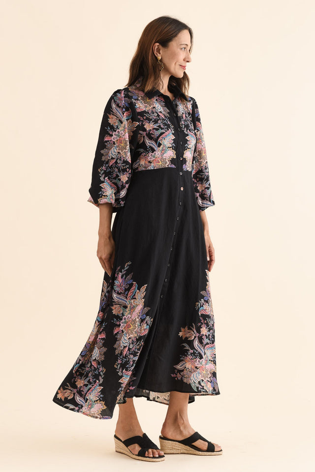 Moray Black Floral Shirt Dress,Side,Brunette model,alt text|model:Cara image 3