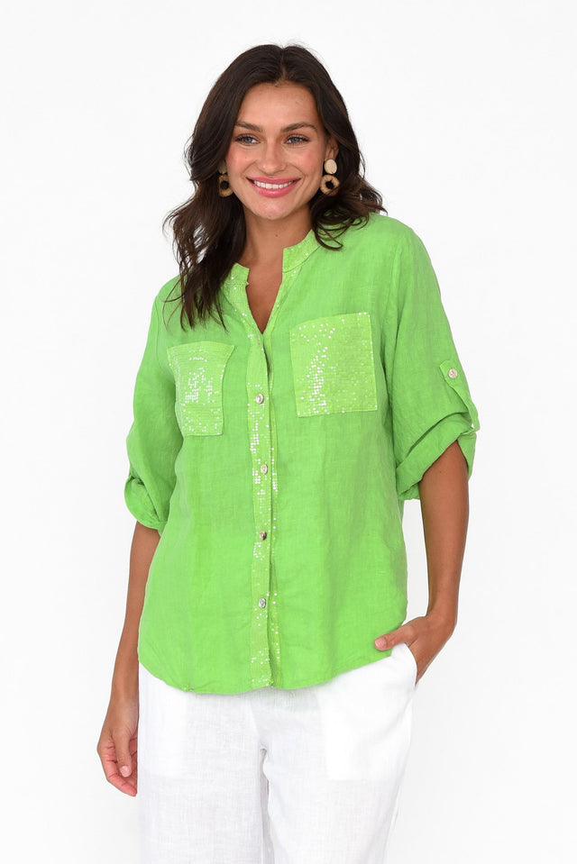 Morrigan Green Linen Sequin Shirt neckline_V Neck 