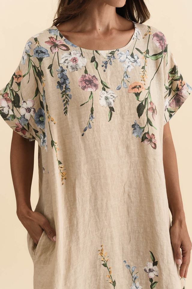 Morrison Beige Floral Linen Pocket Dress,Brunette model,alt text|model:Cara image 6