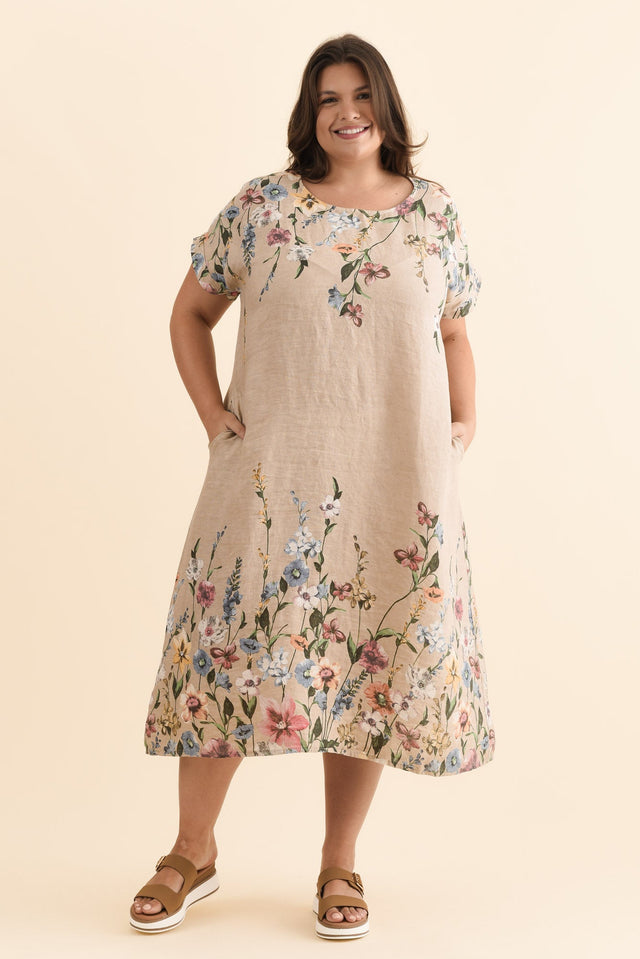 Morrison Beige Floral Linen Pocket Dress,Brunette model,plus-size,curve-dresses,plus-size-midi-dresses,plus-size-linen-dresses,plus-size-summer-dresses,alt text|model:Gabby image 8