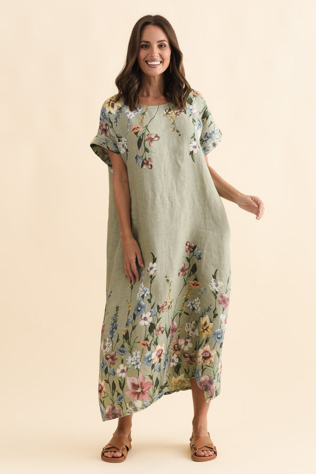 Morrison Sage Floral Linen Pocket Dress,Brunette model,alt text|model:MJ image 4