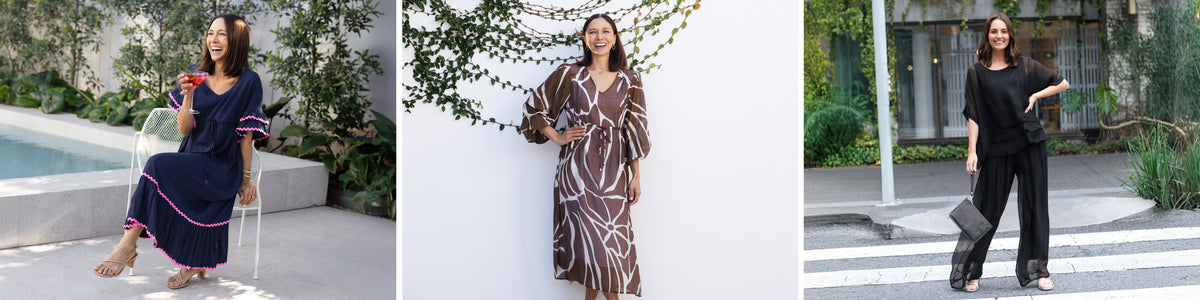 Brunette women smile wearing a variety of wedding guest dresses, tops and pants.