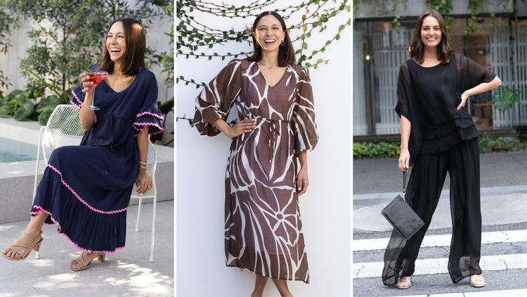 Brunette women smile wearing a variety of wedding guest dresses, tops and pants.