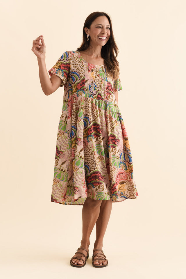 Murano Green Botanical Cotton Dress,Brunette model,alt text|model:Cara image 6