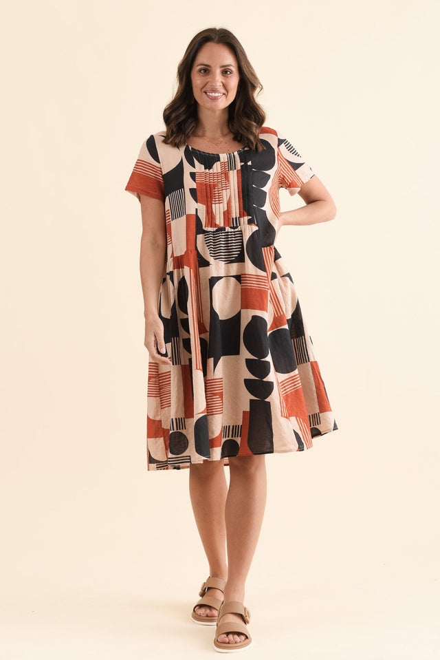 Murano Navy Abstract Cotton Dress,Front,Brunette model,alt text|model:MJ image 1