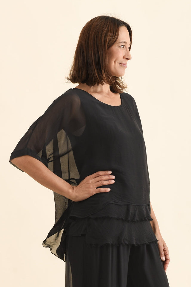 Myers Black Silk Layer Top,Side,Brunette model,alt text|model:Cara image 4