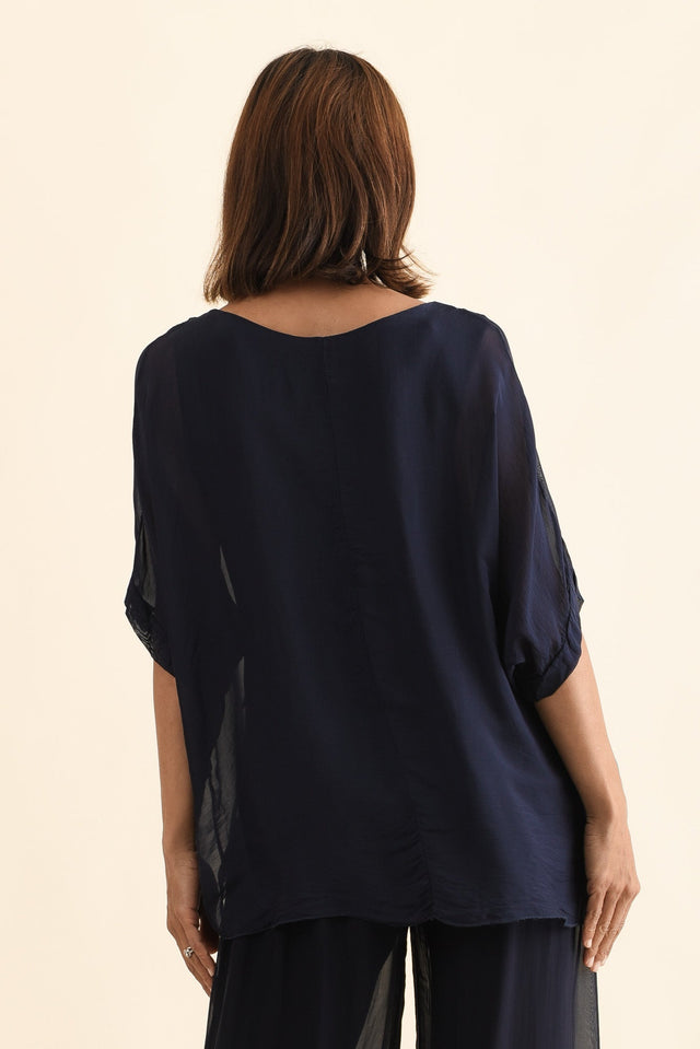 Myers Navy Silk Layer Top,Side,Brunette model,alt text|model:Cara image 4
