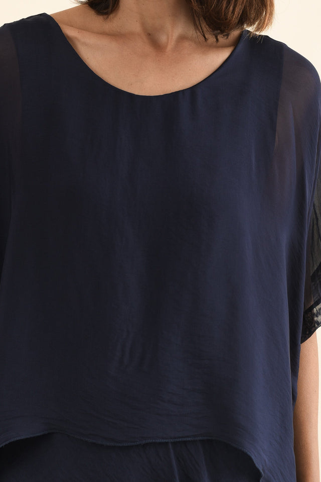 Myers Navy Silk Layer Top,Back,Brunette model,alt text|model:Cara image 5