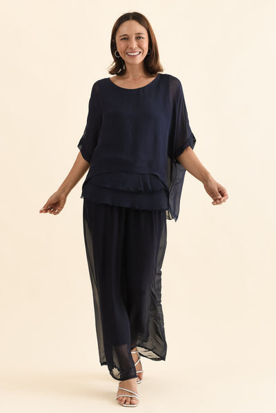 Myers Navy Silk Layer Top,Front,Brunette model,alt text|model:Cara