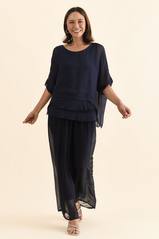 Mora Navy Silk Layer Pants,Full Body,Brunette model,alt text|model:Cara image 7