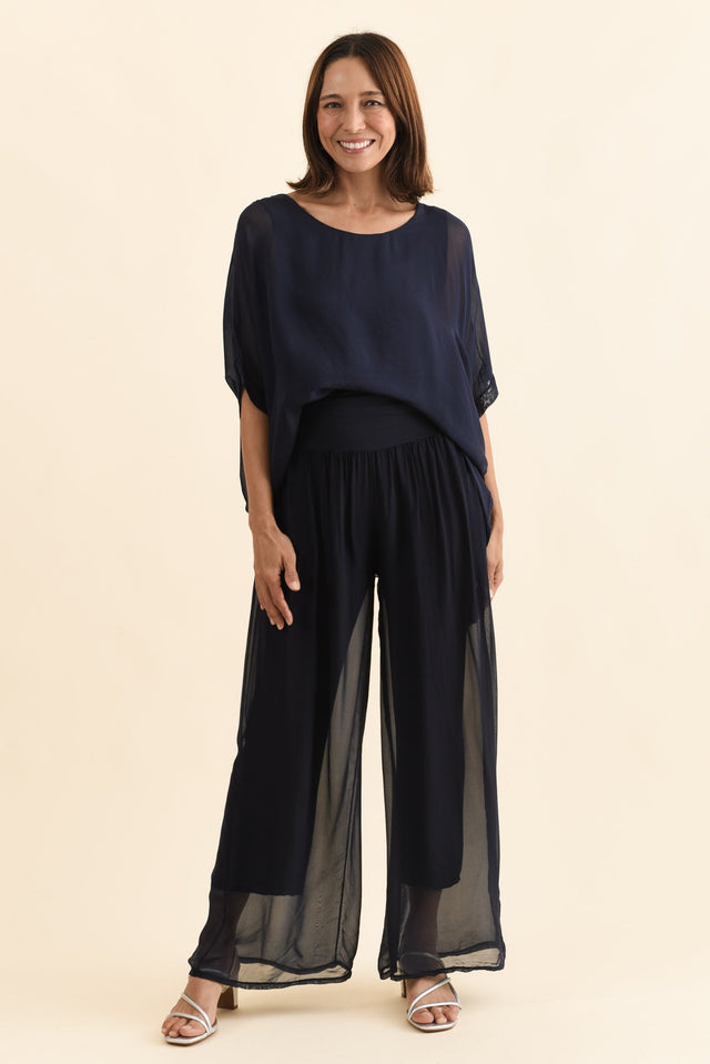 Mora Navy Silk Layer Pants,Full Body,Brunette model,alt text|model:Cara image 3