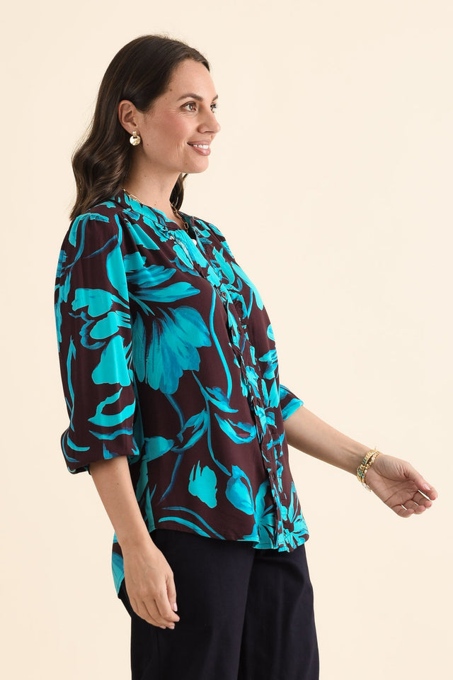 Myth Blue Floral Frill Blouse,brunette model,Side of Outfit,alt text|model:MJ image 3