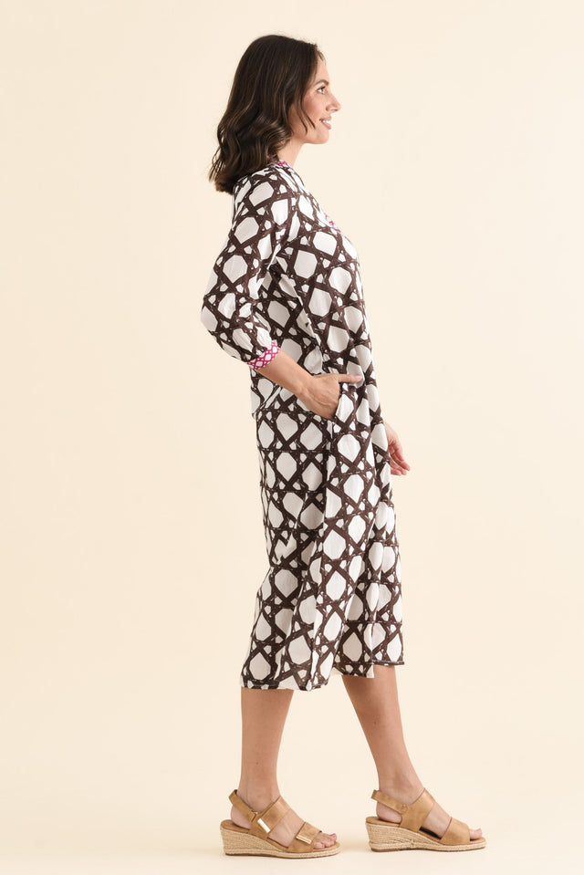 Nagala Chocolate Geo Cotton Tie Dress,brunette model,Side of Outfit,alt text|model:MJ image 3