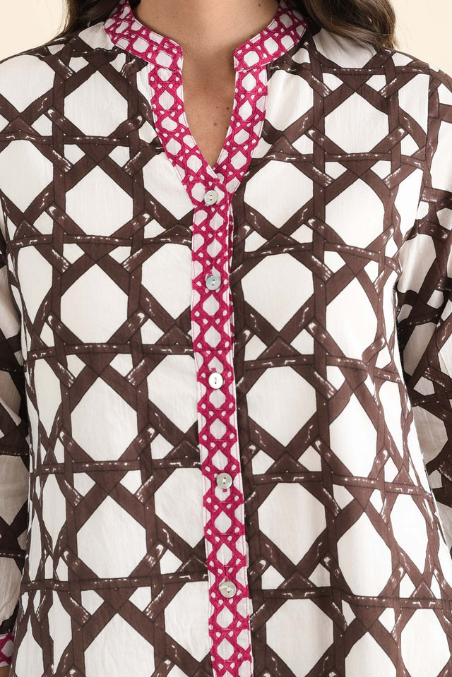 Nagala Chocolate Geo Cotton Tie Dress,brunette model,Close up of outfit,alt text|model:MJ image 5