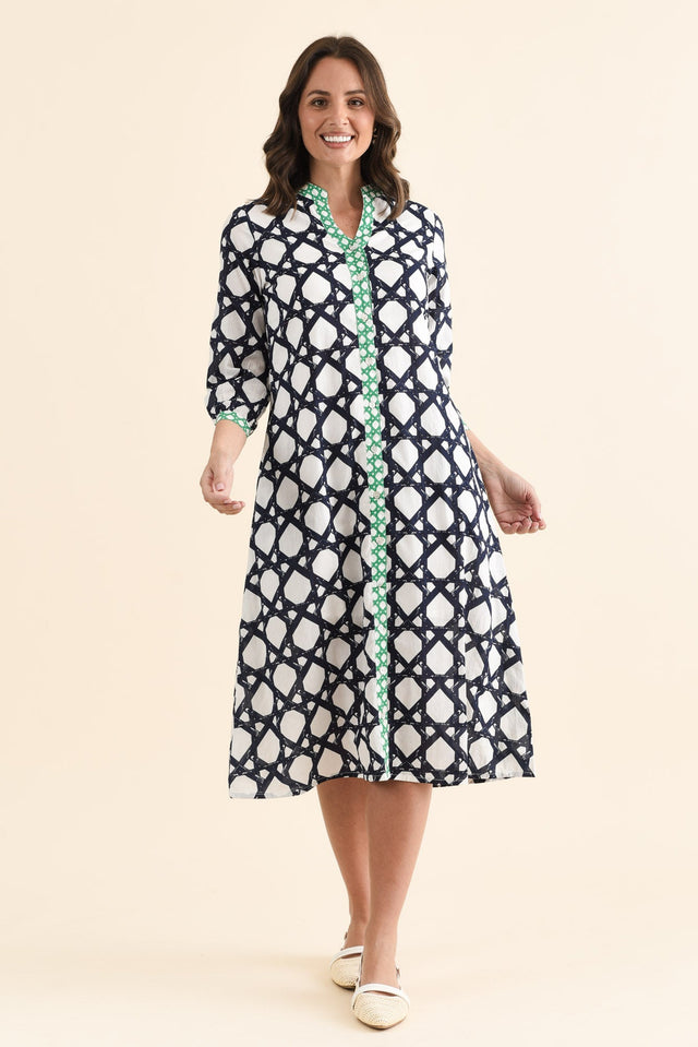 Nagala Navy Geo Cotton Tie Dress,brunette model,Full Outfit,alt text|model:MJ image 6