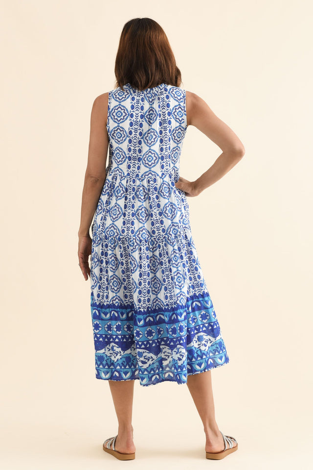 Maro Blue Tile Cotton Sleeveless Dress,Back,Brunette model,alt text|model:Cara image 4