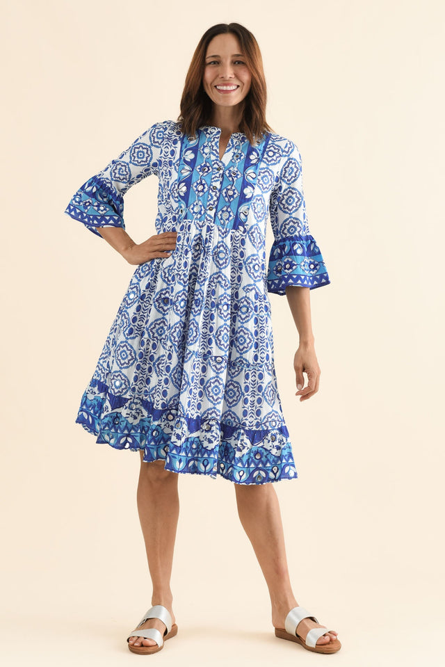 Naja Blue Tile Cotton Pocket Dress,Full Body,Brunette model,alt text|model:Cara image 6