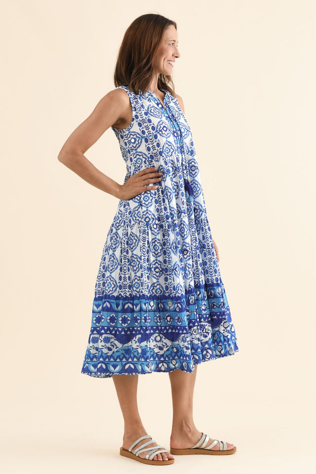 Maro Blue Tile Cotton Sleeveless Dress,Side,Brunette model,alt text|model:Cara image 3