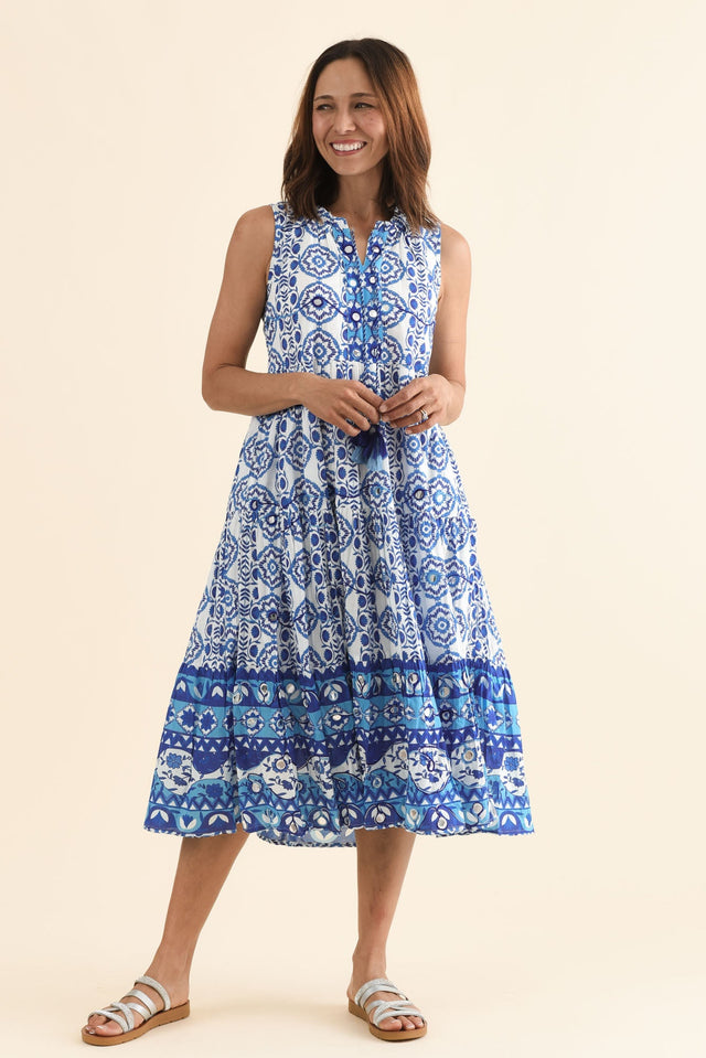 Maro Blue Tile Cotton Sleeveless Dress,Full Body,Brunette model,alt text|model:Cara image 6