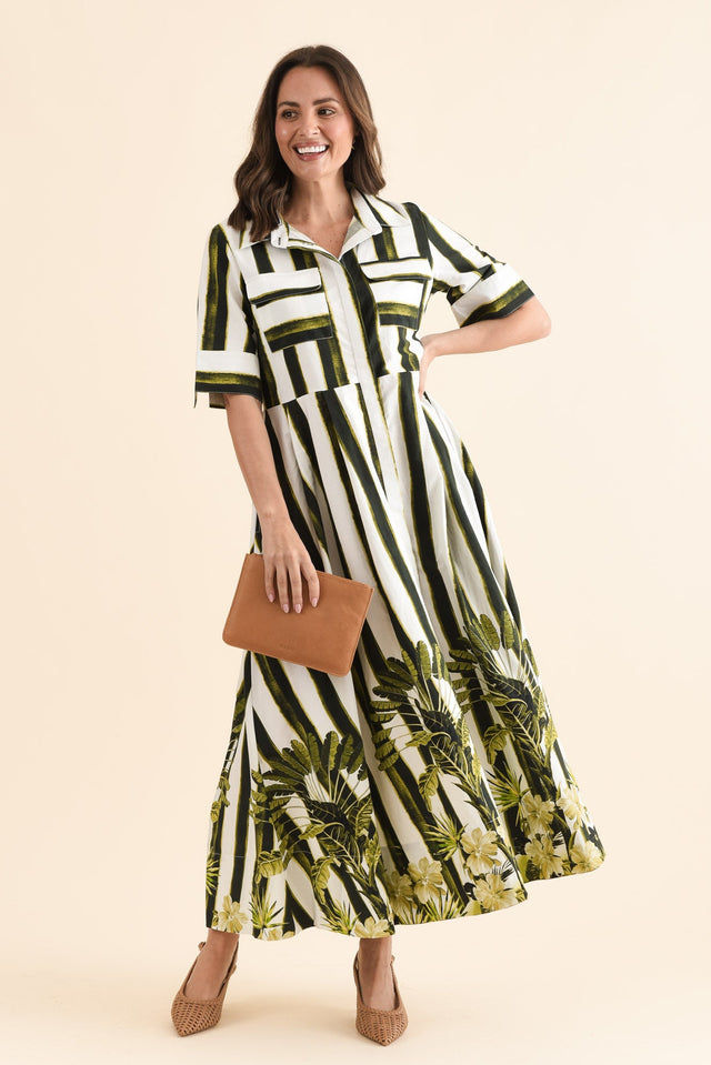 Nalani Green Stripe Palm Cotton Dress,Front,Brunette model,alt text|model:MJ image 1