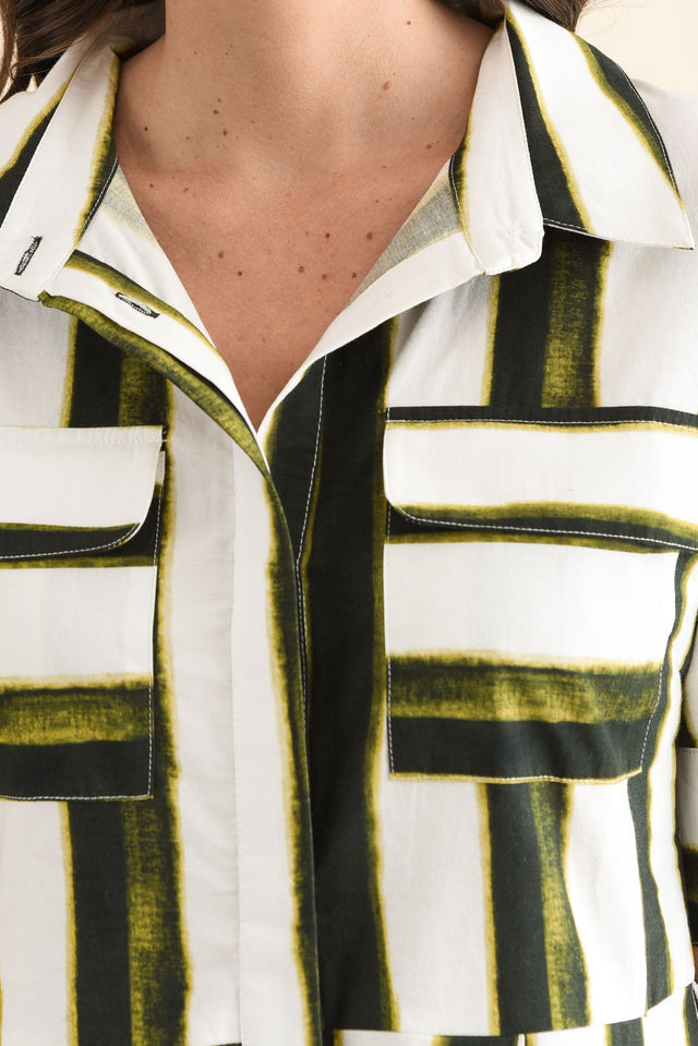 Nalani Green Stripe Palm Cotton Dress,Detail,Brunette model,alt text|model:MJ image 5